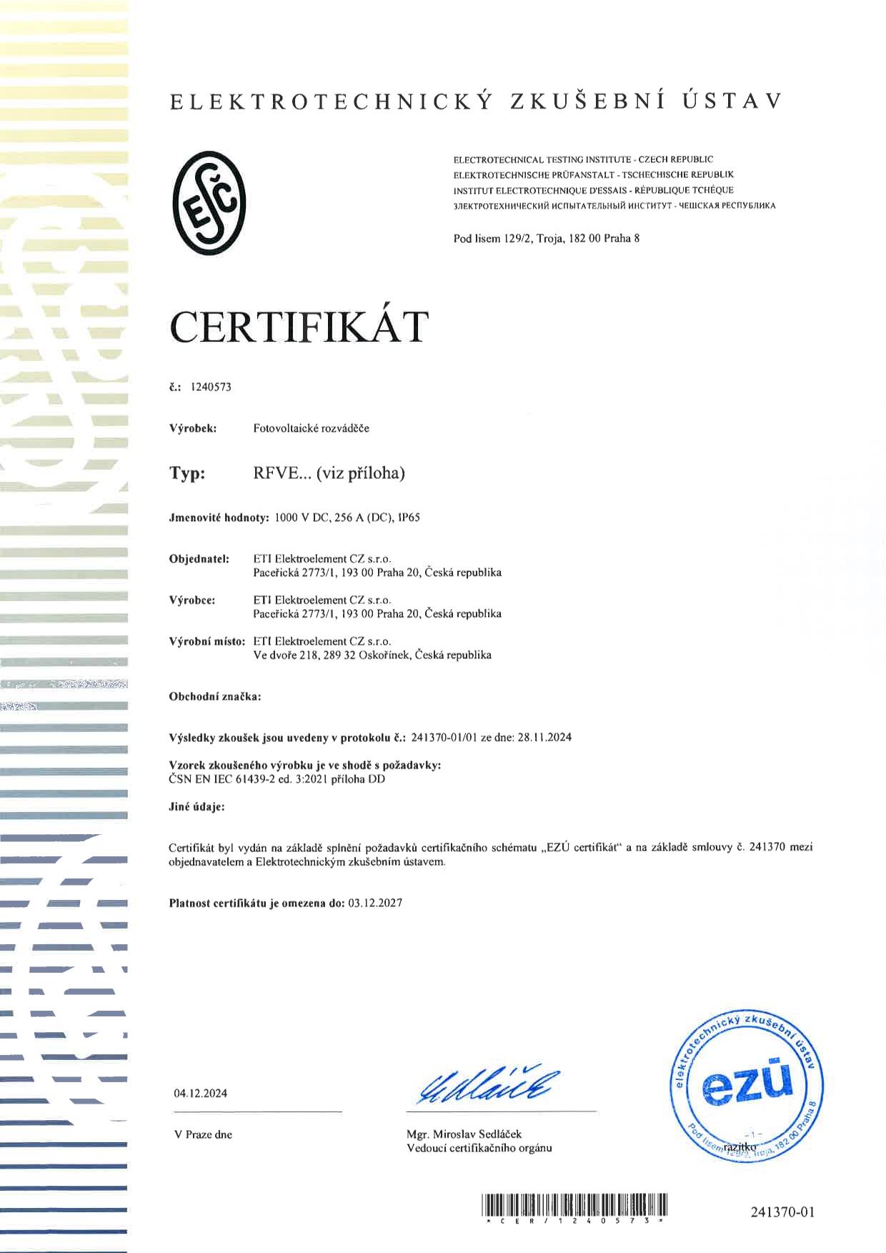 Certifikát pro fotovoltaické rozváděče RFVE